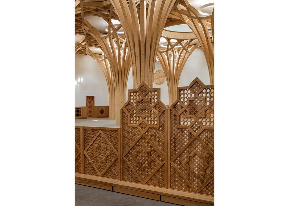 Mashrabiya screens. The mosque aims to tackle the spatial marginalisation of women in mosques head on by placing men and women in the same prayer hall, separated by a screen of varying heights so users can choose their preferred degree of separation.