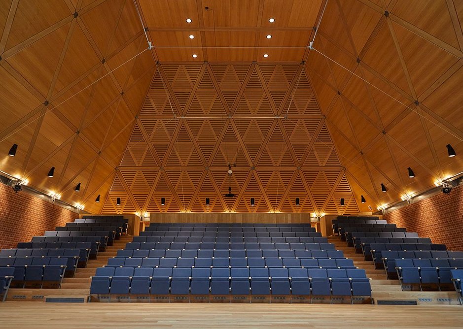 Fixed seating has precisely calculated acoustic absorbency.