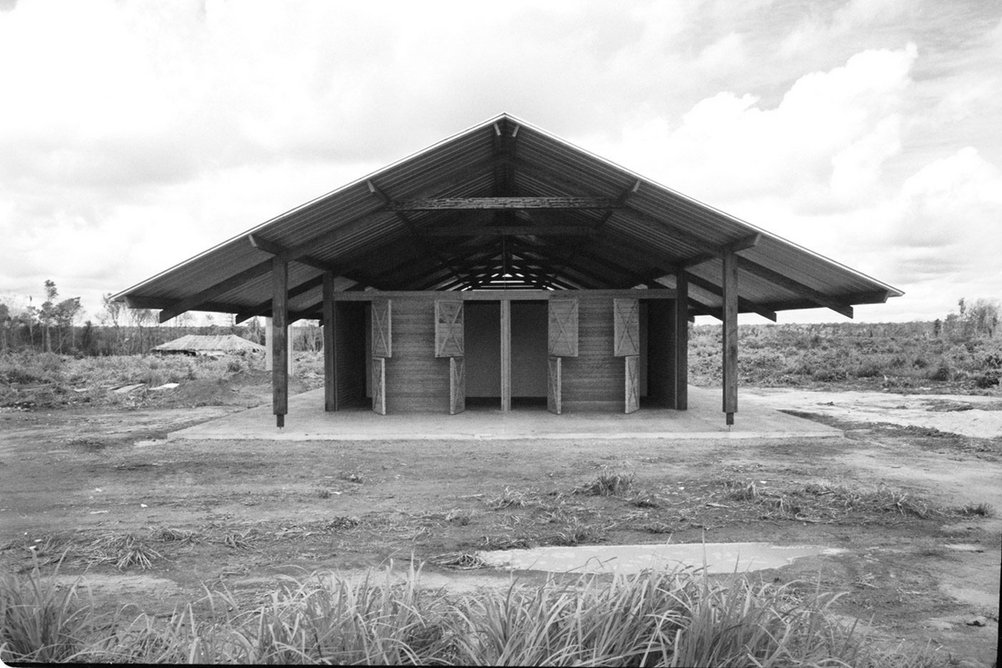 Estúdio Gustavo Utrabo’s community building at Xingu Indigenous Park in Brazil, one of the architecture exhibits at the Royal Academy of Arts’ Summer Exhibition 2022, London.