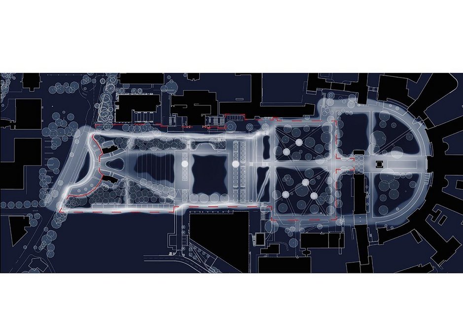 The night-time Masterplan illustrates how the warmly highlighted key routes and social hubs are balanced by environmentally friendly pockets of darkness.