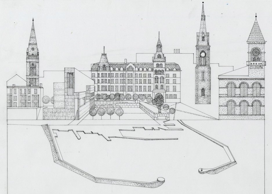 Drawing shows the relationship of the new library and cultural centre to the civic landmarks and harbour of Dun Laoghaire.
