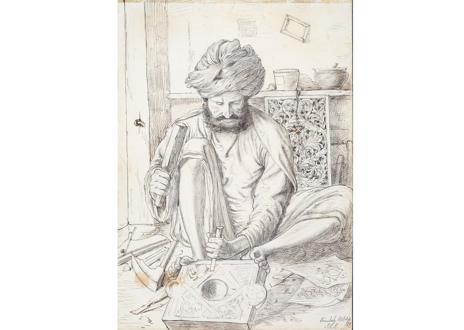 A Wood Carver, from a collection depicting craftsmen of the North-West Provinces of British India, by John Lockwood Kipling, 1870.