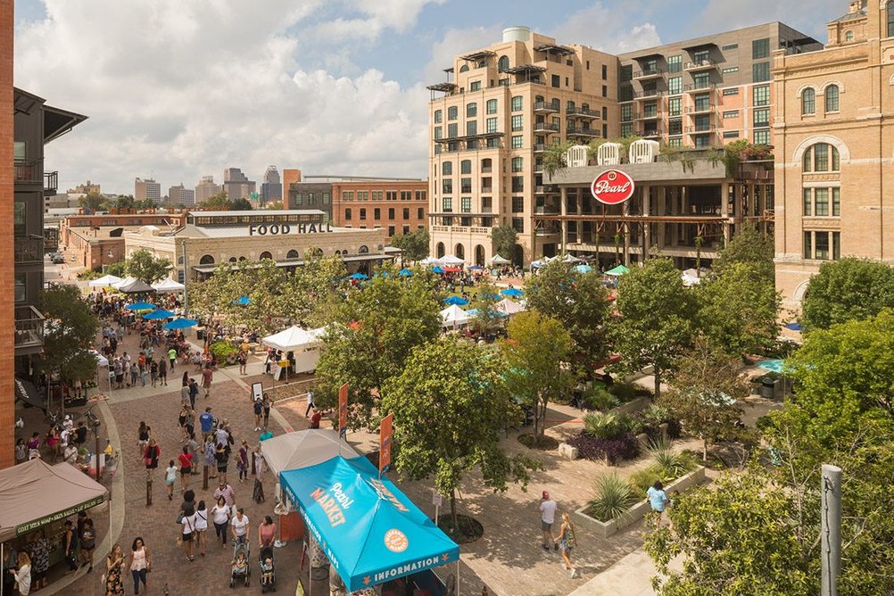 A variety of outdoor spaces weave through Lake | Flato’s Pearl Brewery District (2017).