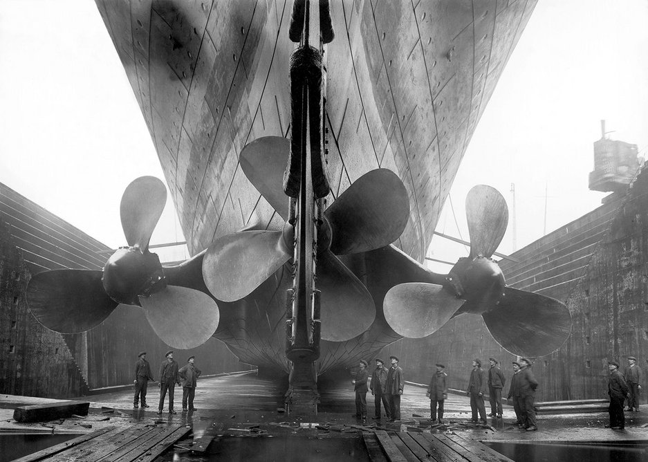 Titanic in dry dock c. 1911. Getty Images from the V&A exhibition Ocean Liners: Speed and Style, 3 February - 17 June 2018.