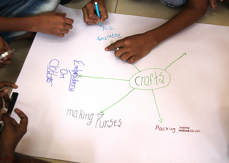 The class collectively make a map of their neighbourhood using photographs, drawings and annotations, 2014.