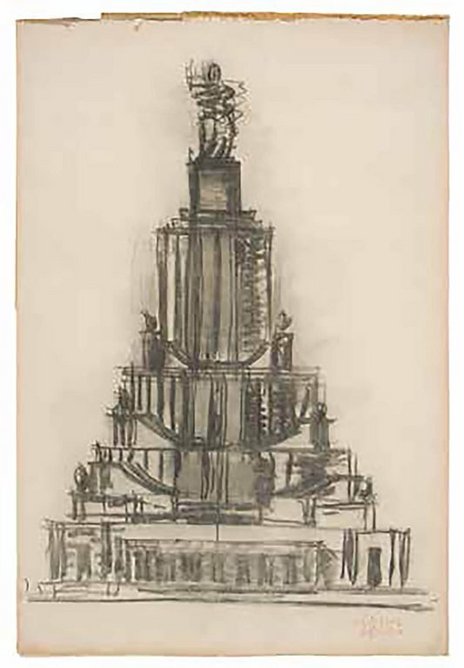 Page from Iofan’s sketchbook, with a revised version of the tower for the Palace of the Soviets, reducing its height in attempts to lower costs and simplify the building process.