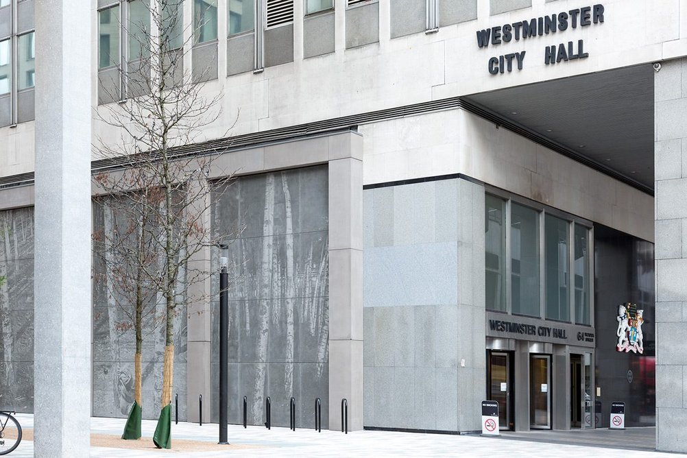Silver Forest occupies a blank wall at Westminster City Hall, and incorporates images of photos by Rut Blees Luxemburg. Photo: Nikita Shergill