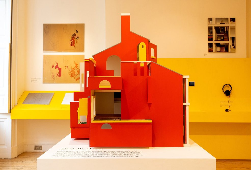 Installation view of Portraits of Practice: The Life and Work of MJ Long, showing a recreation of the dolls house made in 1982 by Colin St John Wilson & Partners for an Architectural Design competition.