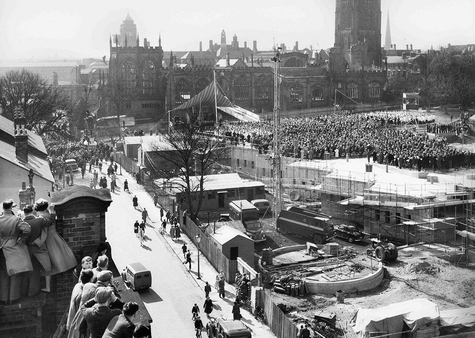 Crowds attend the foundation stone laying ceremony for the new cathedral, Coventry, 1956, from What Remains at the Imperial War Museum London.