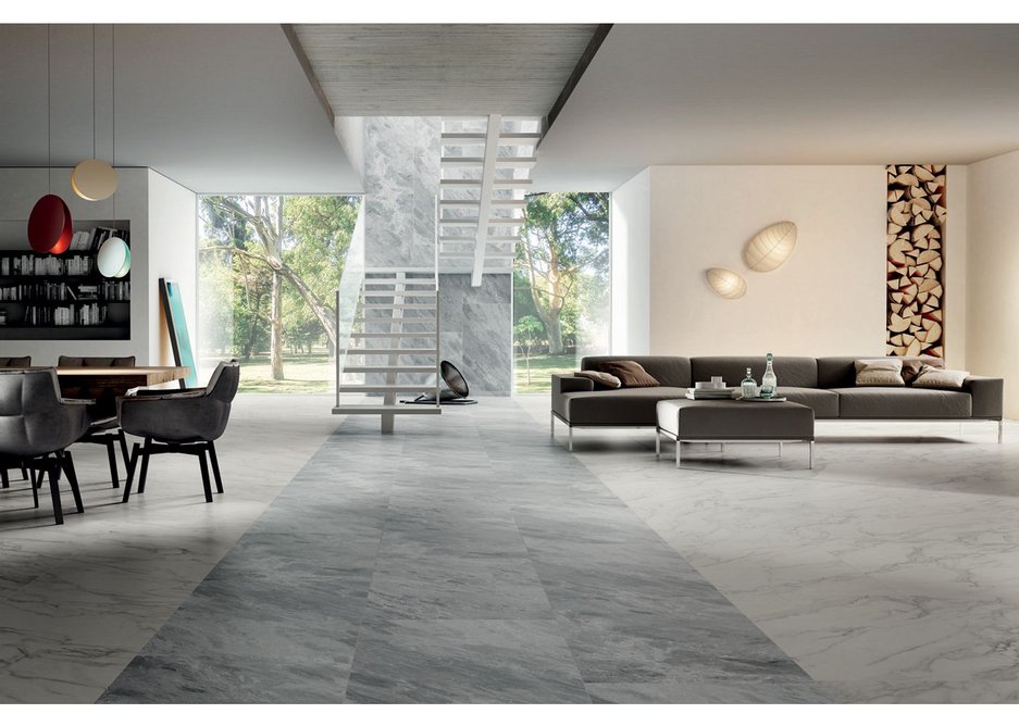 Open living space with Anima Select Bianco Arabesco and Anima Select Grigio Boreale floor tiles