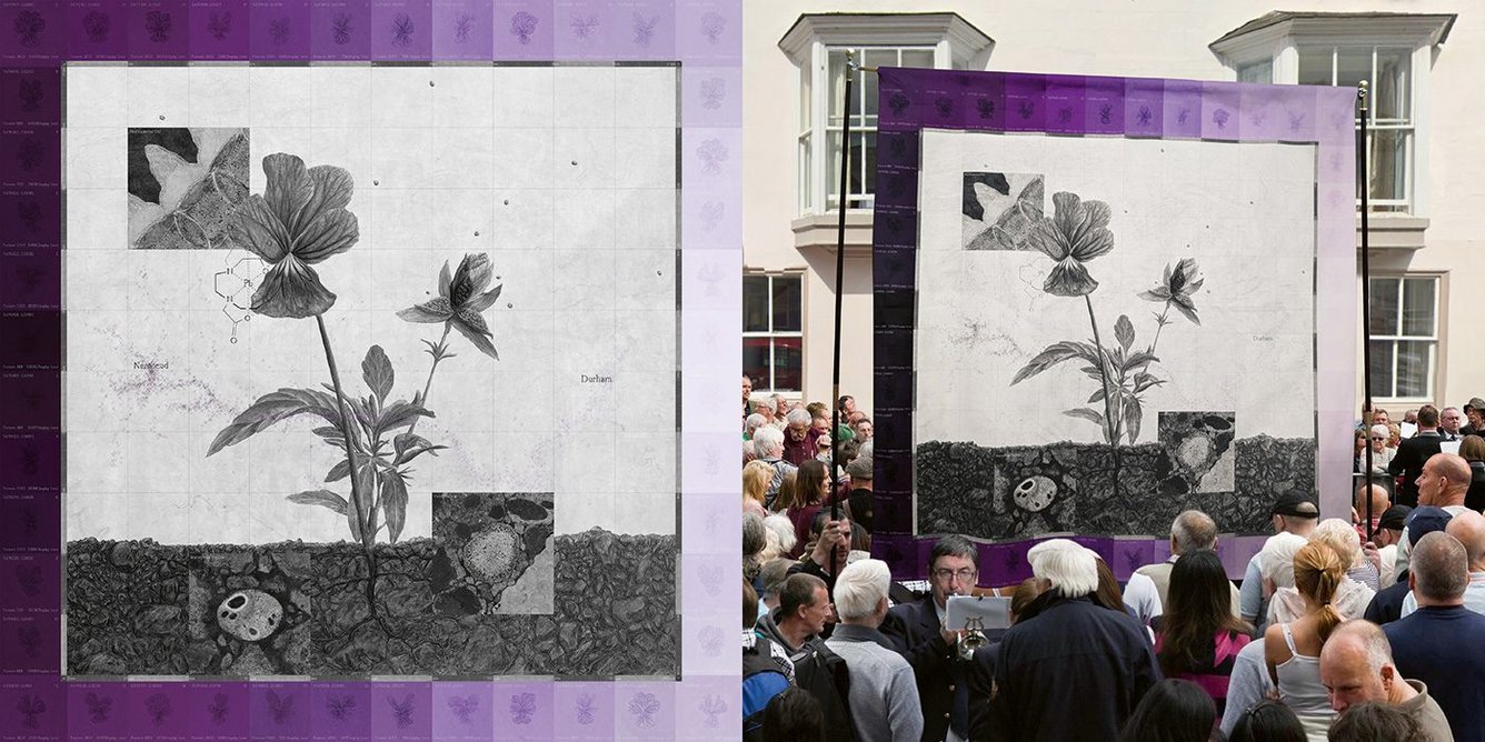 Kinship. Charcoal, pansy dyes, paint, acetone transfer, archival photography and metal thread on fabric; 1500mm x 1500mm.