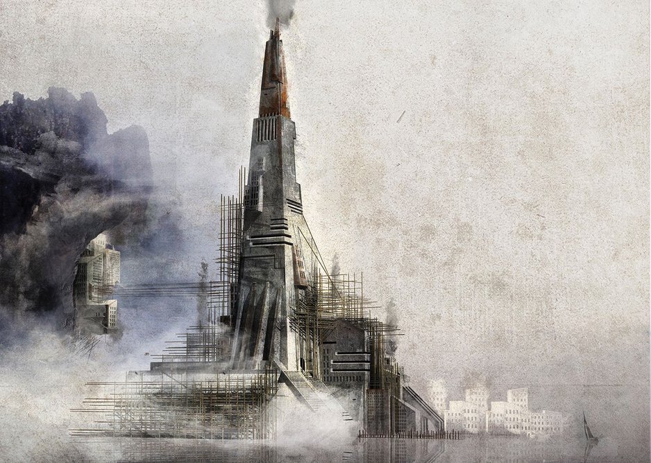 The Last Known City. A reinterpretation of Scolari’s visionary drawing depicting a smoking tower as the last known place in the world.