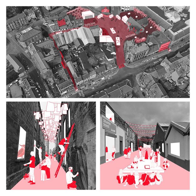 Public realm proposals for Paisley, envisaged by citizen Linzi Clark with Ffion Roberts of 7N Architects as part of What if…?/Scotland. Image Courtesy of 7N Architects