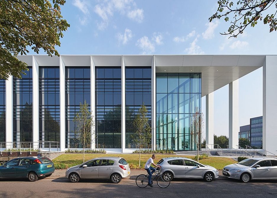 Side elevation, showing canopy, reception and horizontal brise soleil within the full height glazing.