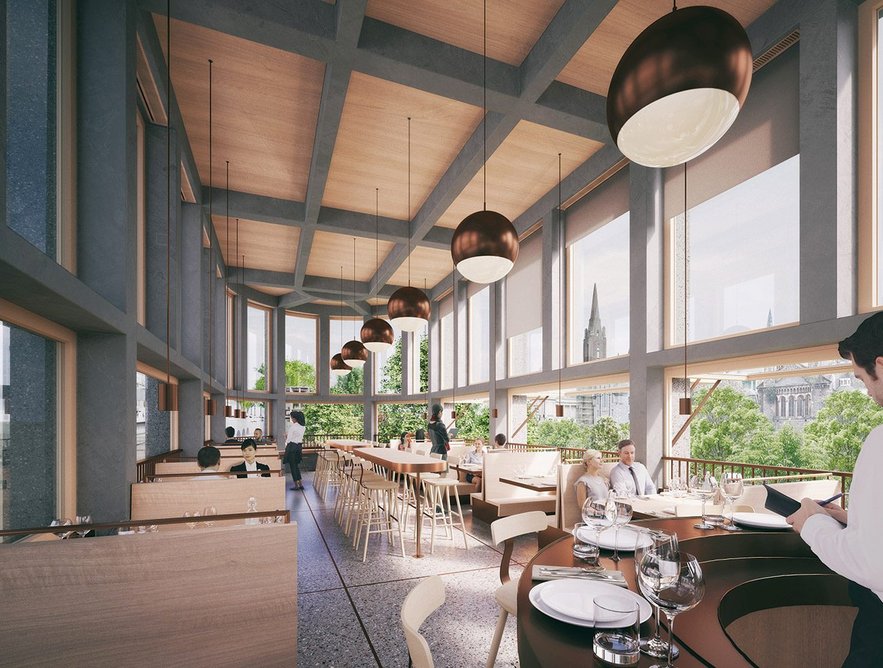 Rendered drawing of how the interior of Union Pavilion may look once it is occupied as a restaurant.