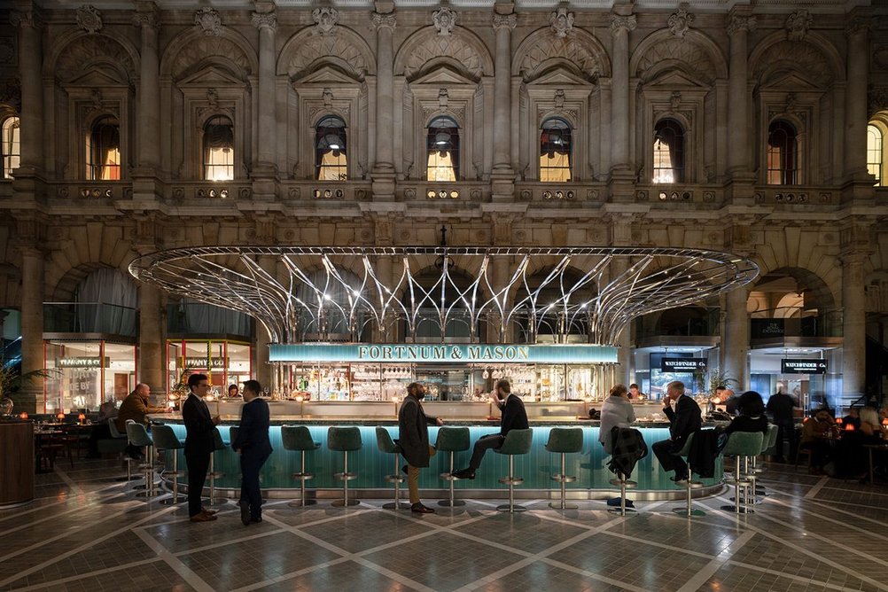 Fortnum & Mason restaurant at the Royal Exchange, London, designed by Universal Design Studio and lit by Speirs & Major. Credit: Speirs & Major Light Architecture