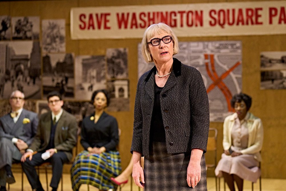Helen Schlesinger as Jane Jacobs, shown here opposing plans for Washington Square Park in Straight Line Crazy.