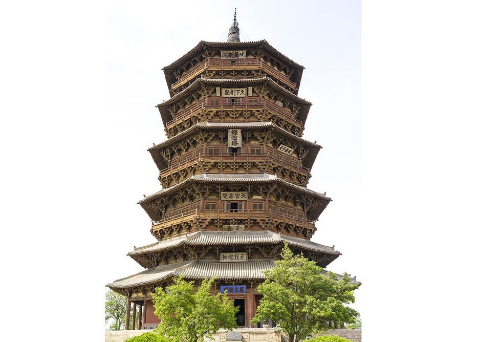 Timber Pagoda (Muta), Fogong Monastery, Ying county, Shanxi province (1056),  •	Timber Pagoda, Fogong Monastery, Yingxian, Shanxi province (1056). The oldest and tallest wooden pagoda in China and a remarkable feat of timber joinery.