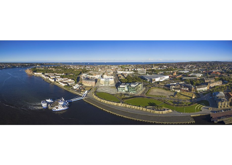 The Word South Shields aerial view showing relationship to River Tyne and sea.