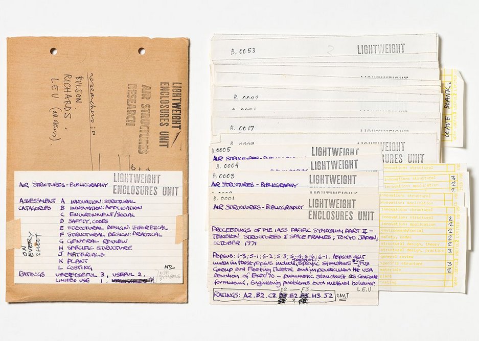 Coded index cards used to assemble the Air Structures Bibliography rating each publication according to its usefulness, c 1972.