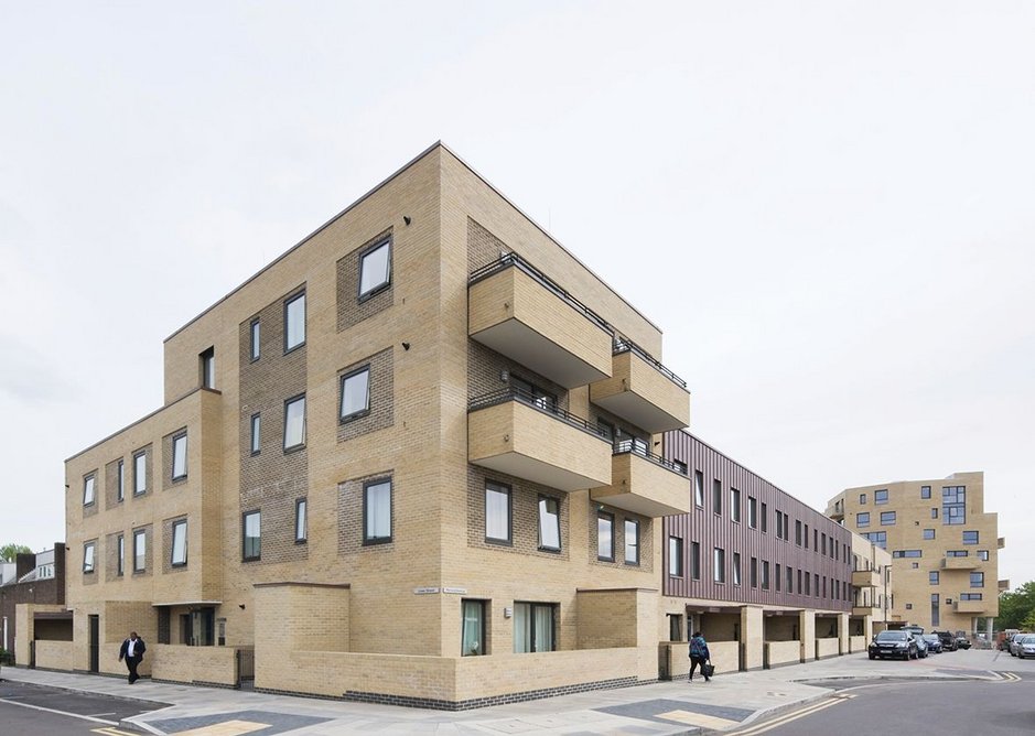 Jestico + Whiles’ first phase housing block uses a slightly harder aesthetic than Barber’s.