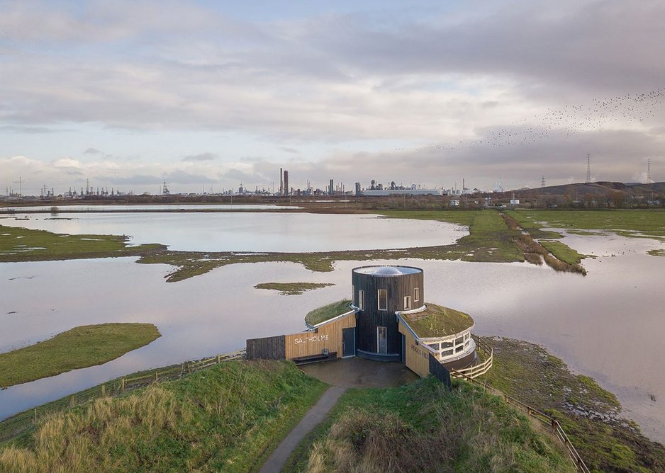 Aerial view of Saltholme Pools bird hide with its panoramic views of the wetlands. Construction was limited to a narrow window to avoid bird breeding seasons.