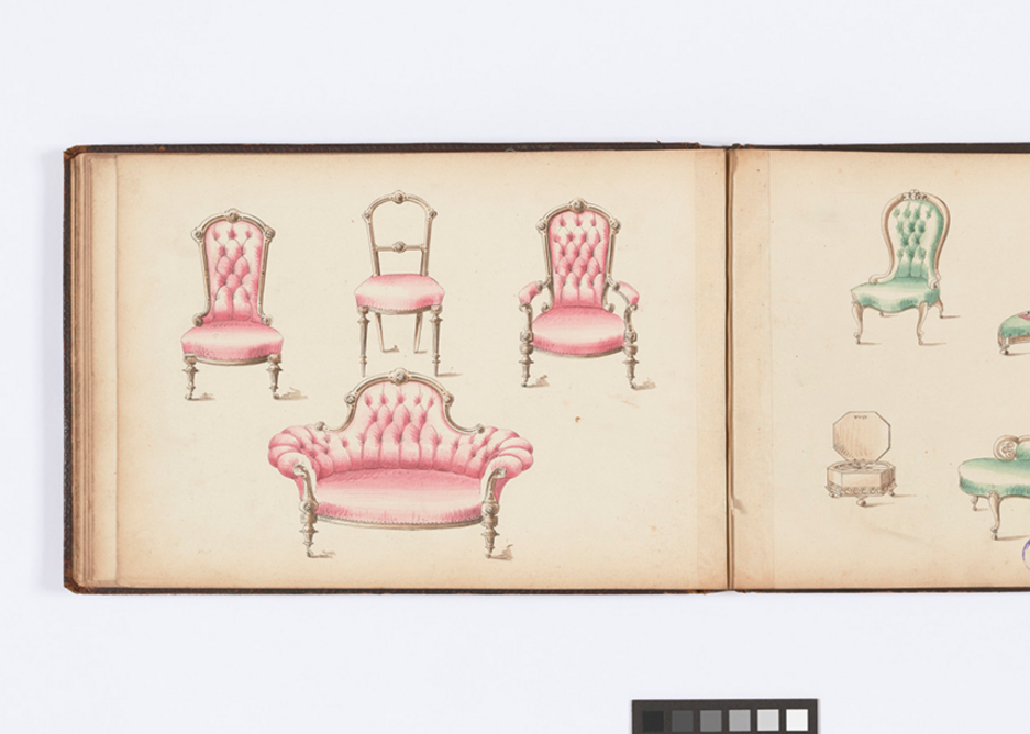 Drawing Room Designs Trade Catalogue c1850s with hand coloured illustrations. Courtesy of the Museum of the Home
