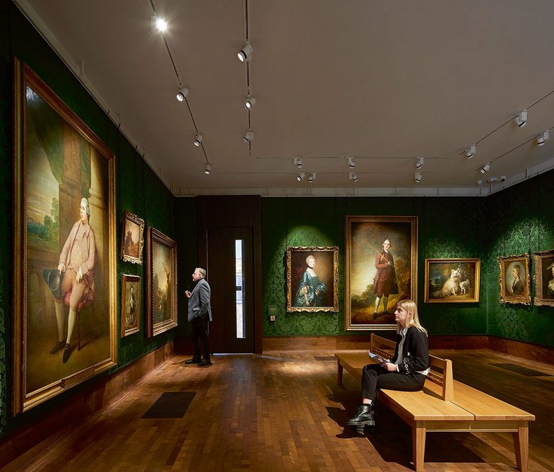 The showpiece Gainsborough Gallery, with local silk damask walls, tall skirting and block oak floors.