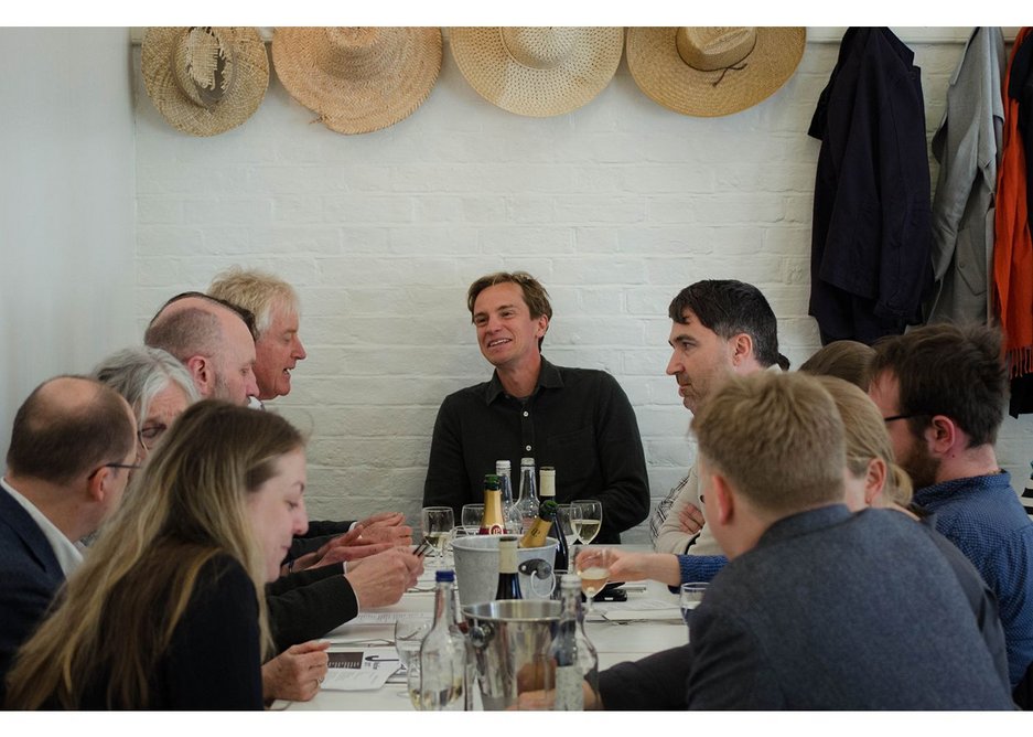 At the head of the table under the Rochelle Canteen’s straw hats, MacEwen Award winner Dominic Gaunt of Ayre Chamberlain Gaunt, talking to judge Iain Tuckett (far left) of Coin Street Community Builders.