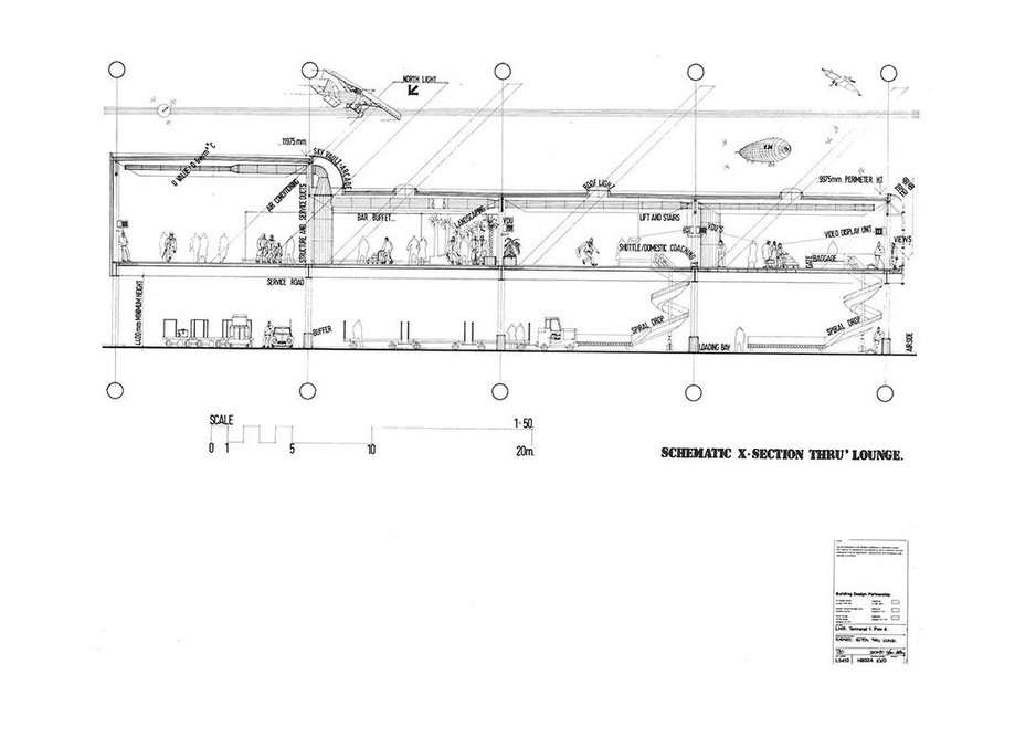 Kit Evans section through the Heathrow shuttle terminal. Note the various aniquated flying machines he added.