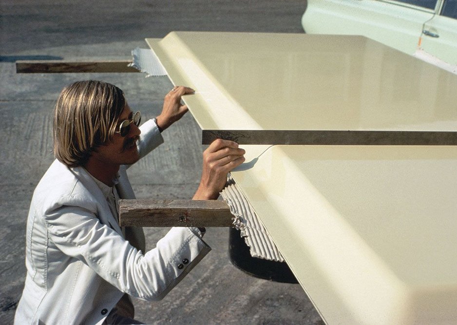 Examining cladding system panels designed for one of the firm's first projects, the Herman Miller Factory in Bath, 1975.