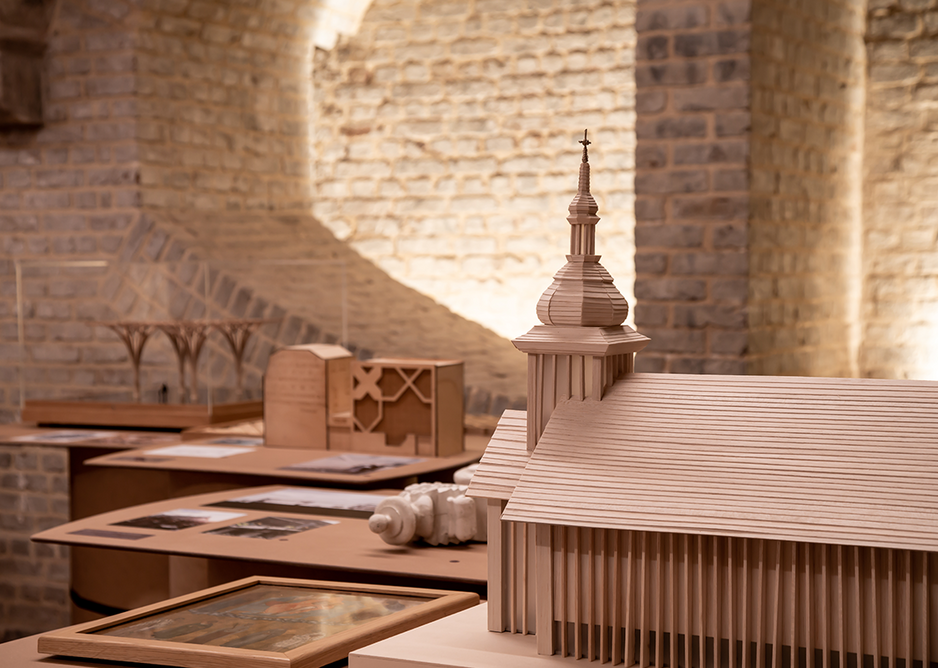 Installation view of Congregation. To the right is the Belarusian Memorial Chapel, Designed by Spheron Architects in North Finchley.