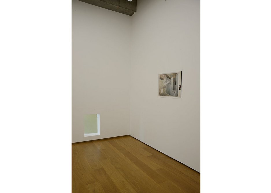 Becky Beasley, OUS installation view, 2017.  The Bedstead has been inverted. The void cut in the wall relates to the blank space on the wall in the waterpainting. Towner Art Gallery, Eastbourne.