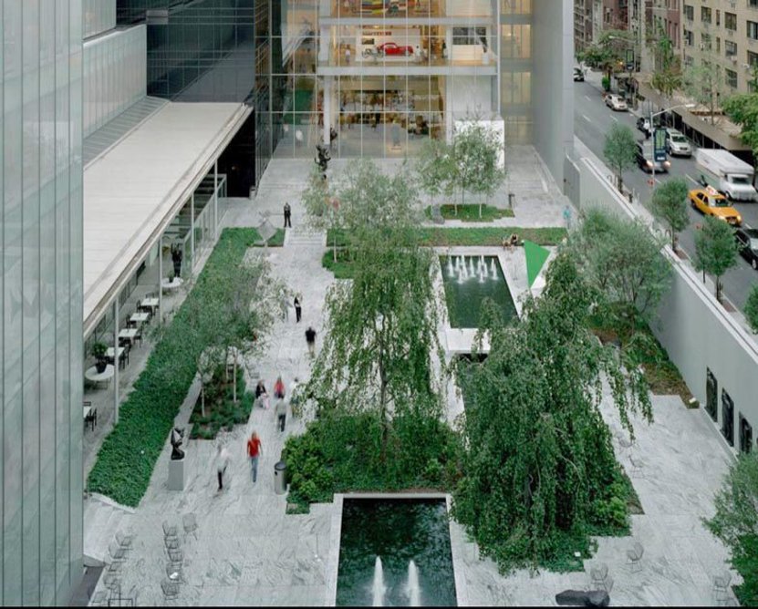 Aerial view of the Abby Aldrich Rockefeller Sculpture Garden in 2008, showing the two pools of water and central group of trees.