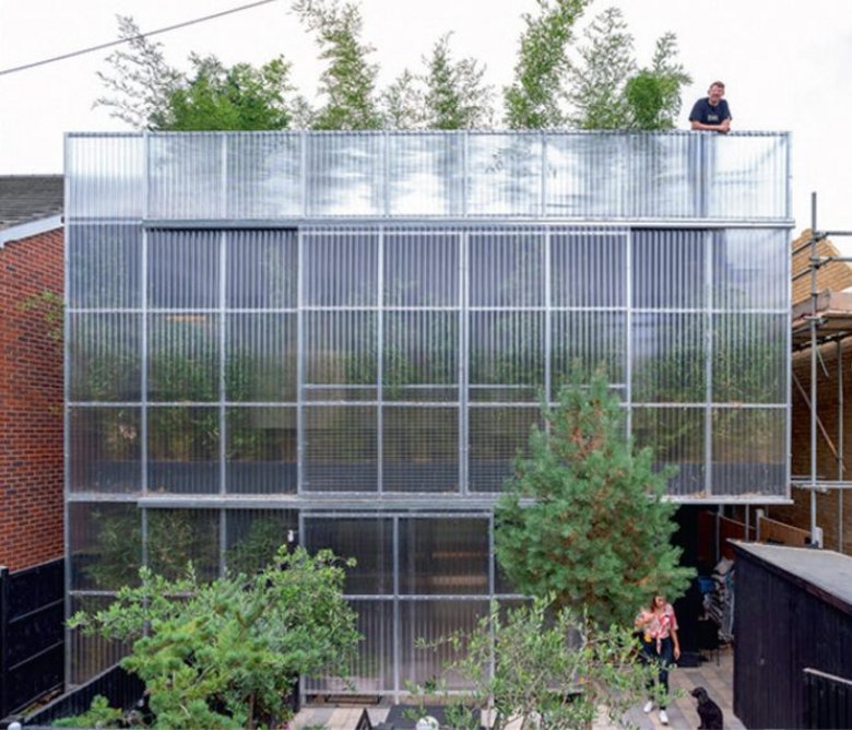 The polycarbonate facade opens and closes  for privacy and to mitigate solar gain.