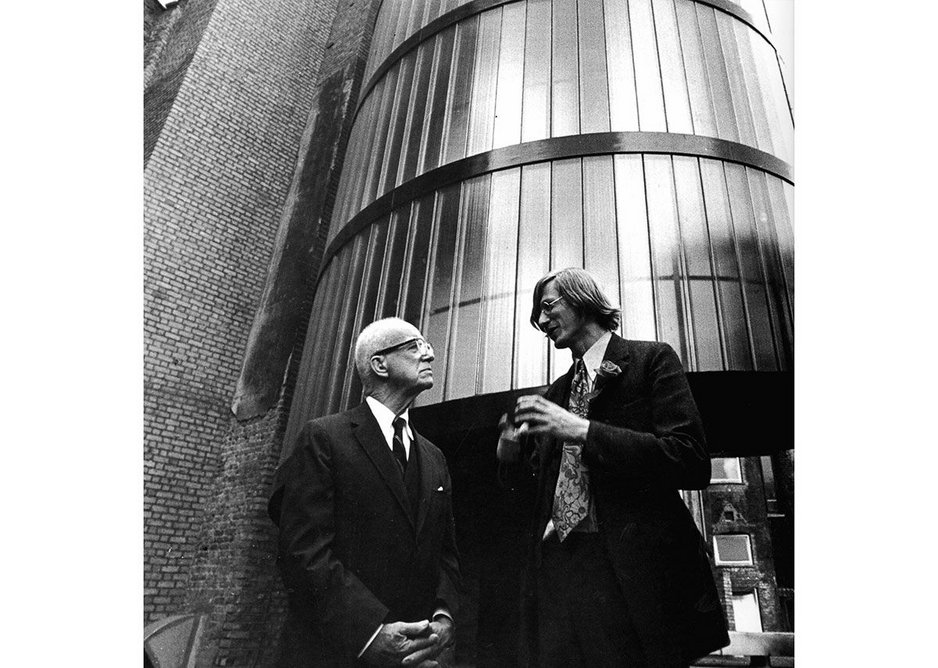 Buckminster Fuller (left) with Grimshaw at the Service Tower for Student Housing in London.