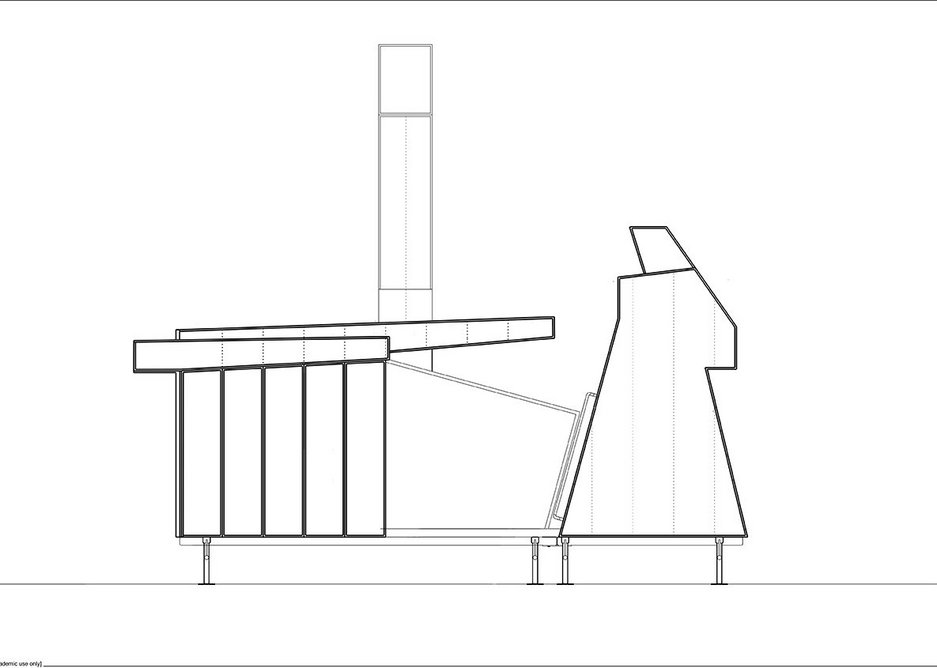 Elevation of The Mansio. The Vessel component on the right is an enclosed space for exploring the new works commissioned by the Hexham Festival.