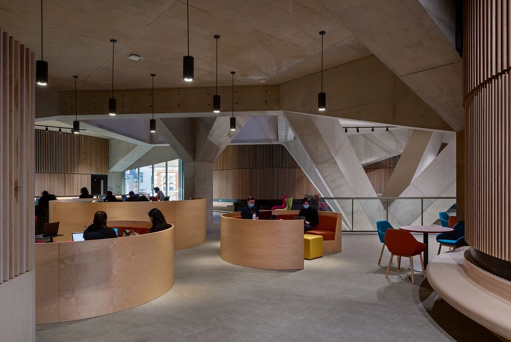 The student commons, with varying types of study spaces, beneath the structural trees.