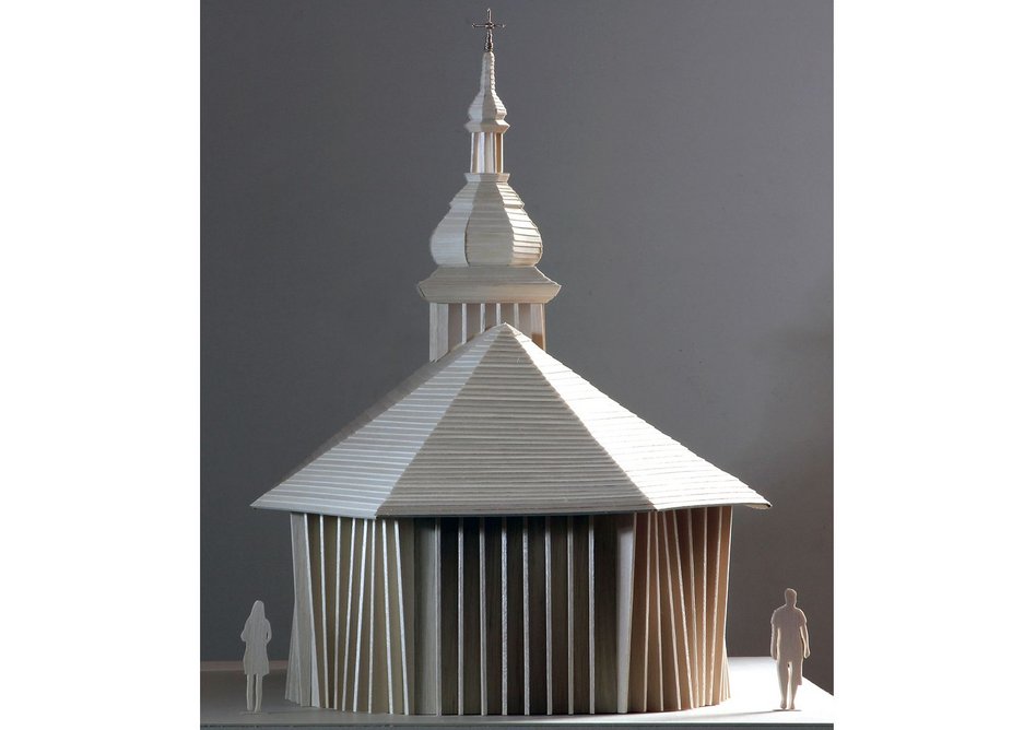 Model showing the rear of the wooden church and its distinctive cupola.
