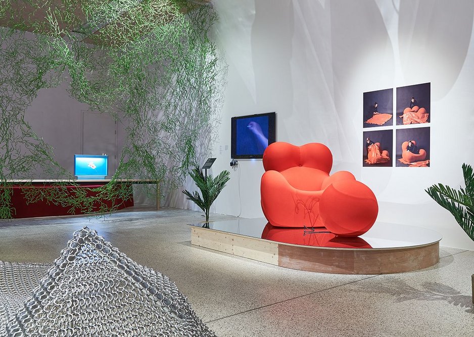 Installation view of Home Futures showing Gaetano Pesce for B&B Italia’s Up 5_6 armchair with ottoman, 1969 (reissued 2000)