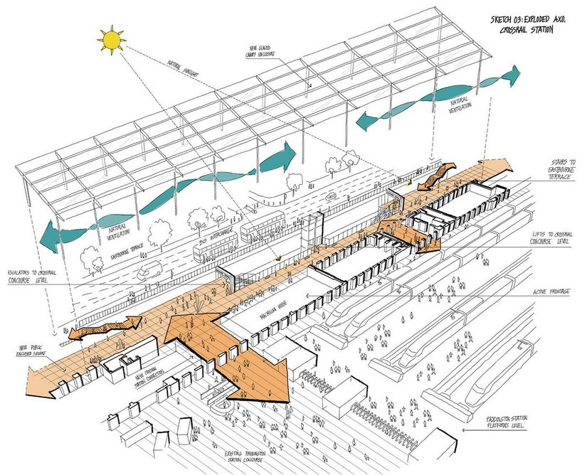 Exploded axonometric drawing showing how the Elizabeth Line station canopy and plaza interacts with the existing mainline concourse and road.