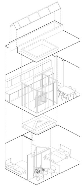 Partial axonometric showing relationship between the rooflights and openings within the house – plus model shot.