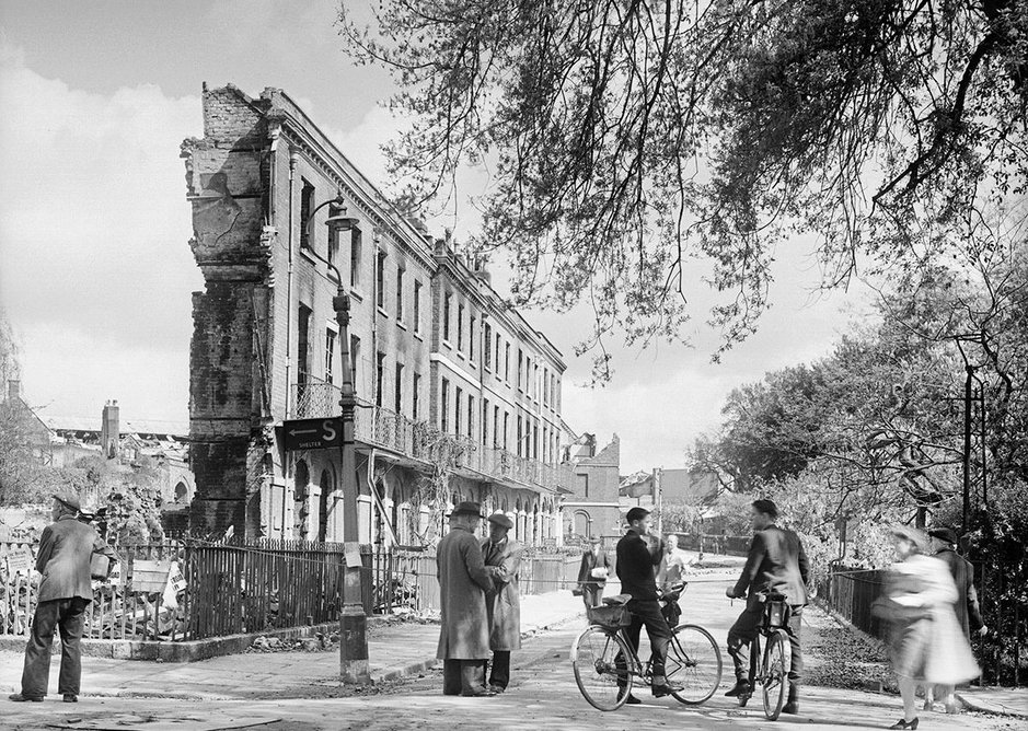 Photograph showing the ravaging effects of the Baedeker raids on the cathedral city of Exeter, 1942, from What Remains at the Imperial War Museum London.