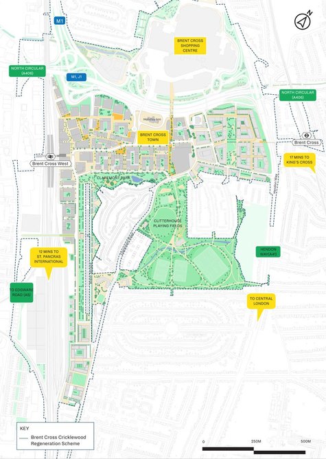 Masterplan. Plots are arranged around the high street, which acts as the spine of the development. Existing communities to the south are bound into the enhanced green spaces.