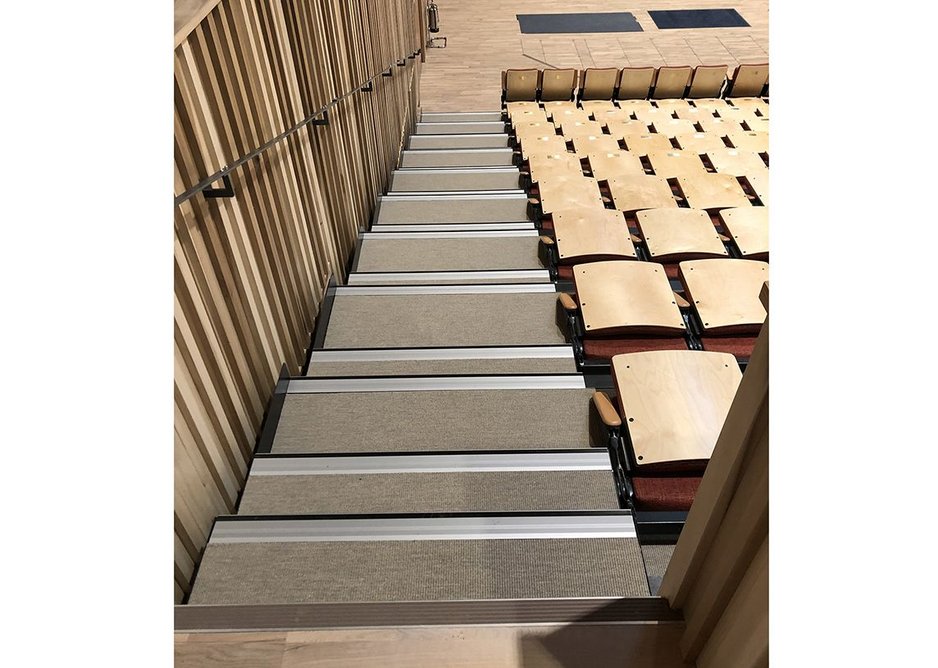 Sherborne Girls school, Dorset. Danfloor's Nordform Classic XL carpet was selected for the steps of the auditorium's retractable seating platform and the practice rooms.