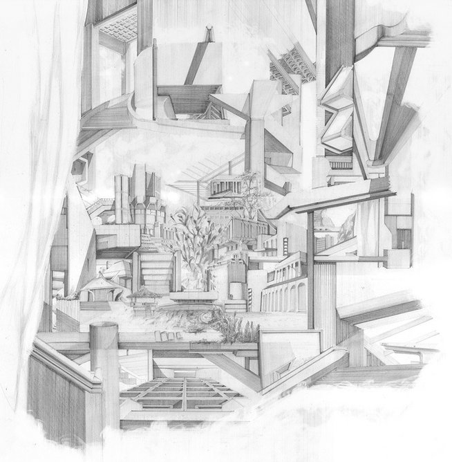 Philippines Brutalist Heritage pencil drawing by Clement Luk Laurencio.