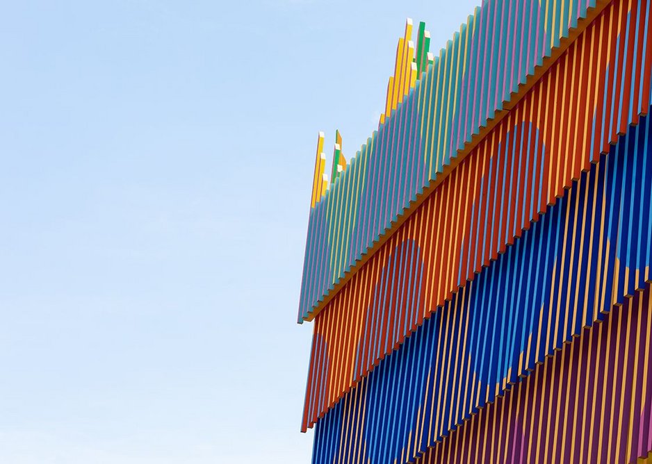 Detail of the painted battens that clad the Colour Palace, a summer pavilion designed by Pricegore and Yinka Ilori at the Dulwich Picture Gallery, 2019.