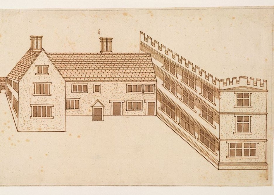 John Smythson, Design for a house with a castellated wing, perspective view, 1600.