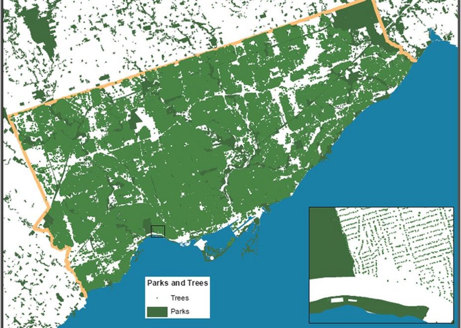 The Greenspace map of the city of Toronto constructed from the individual tree information Street Tree General Data.