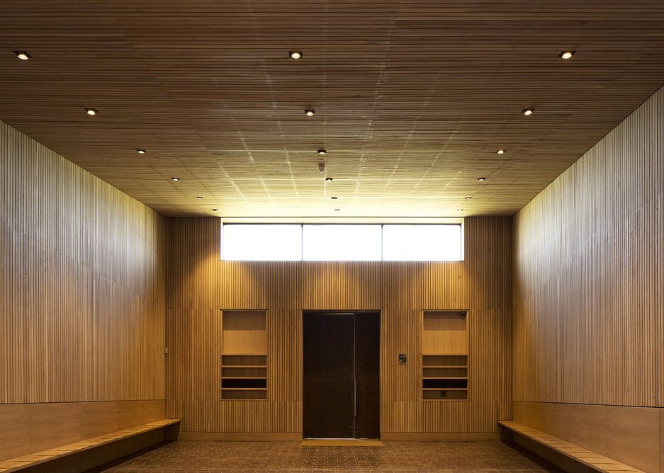 Inside the prayer halls are lined with oak and feature oak benches for the congregatio